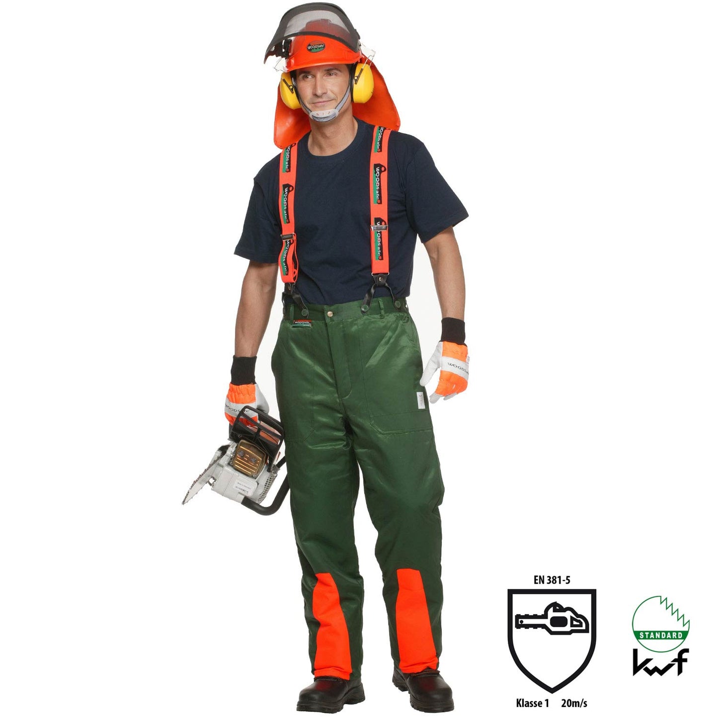 WOODSafe Schnittschutzhose Klasse 1 kwf-geprüft Grün/Orange mit Hosenträgern